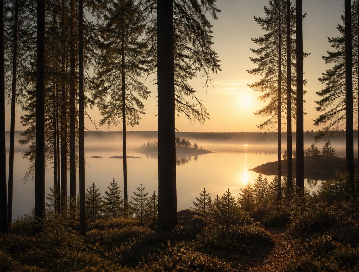 Suomalainen järvimaisema auringonlaskussa